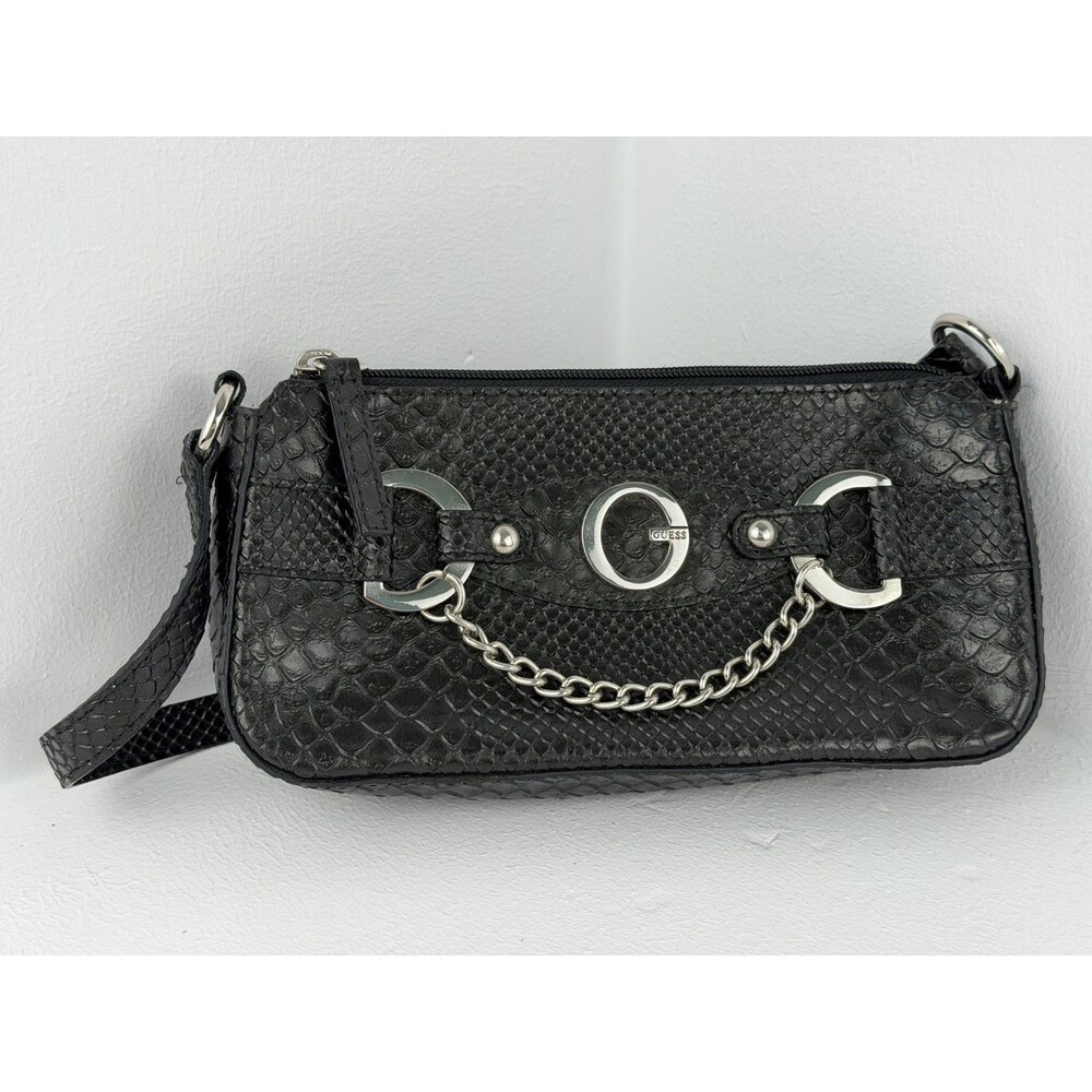 Vintage GUESS Y2K Black Snakeskin Embossed Baguette Shoulder Bag Chain G Logo